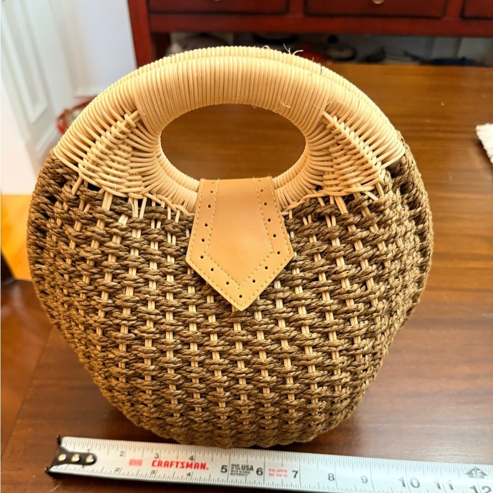 Woven Straw Handbag with Tan Leather Accent